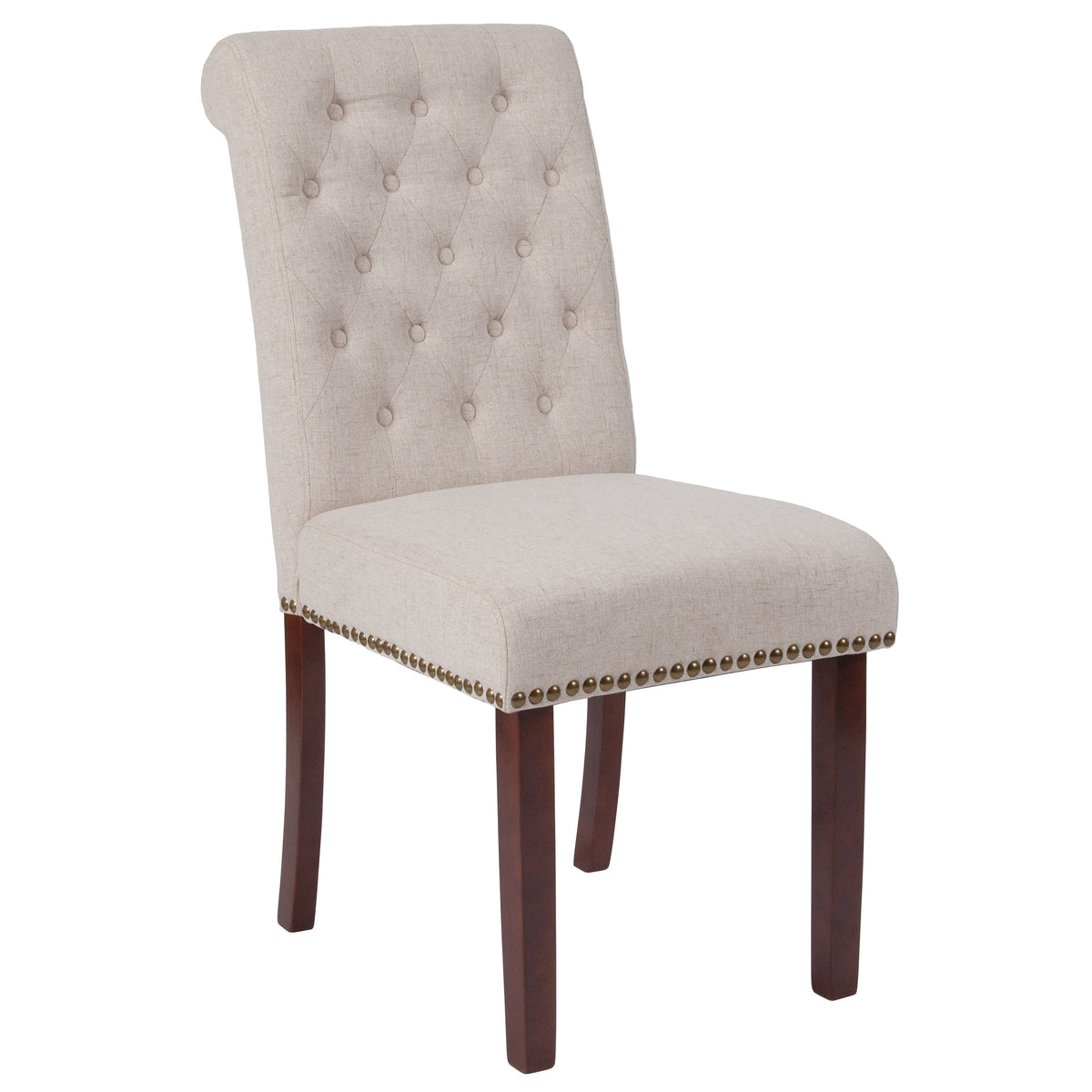 Beige Fabric |#| Beige Fabric Parsons Chair with Rolled Back, Accent Nail Trim and Walnut Finish