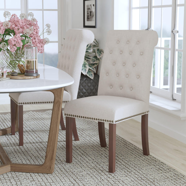 Beige Fabric |#| Beige Fabric Parsons Chair with Rolled Back, Accent Nail Trim and Walnut Finish