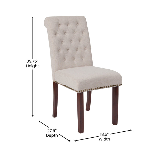 Beige Fabric |#| Beige Fabric Parsons Chair with Rolled Back, Accent Nail Trim and Walnut Finish