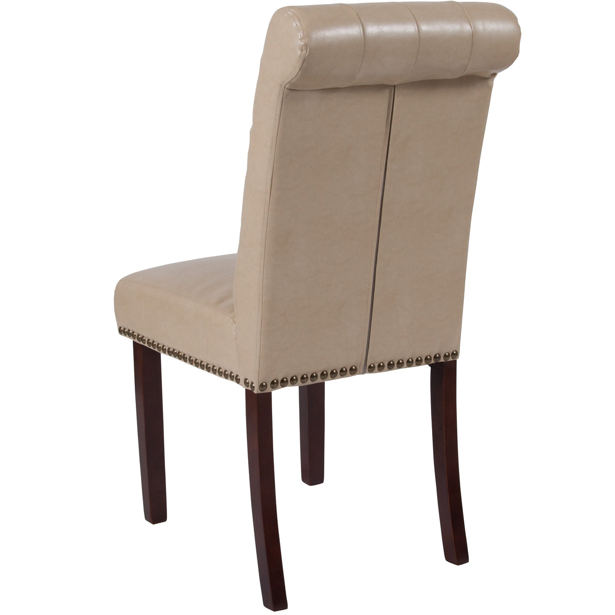 Beige LeatherSoft |#| Beige LeatherSoft Parsons Chair w/Rolled Back, Accent Nail Trim &Walnut Finish