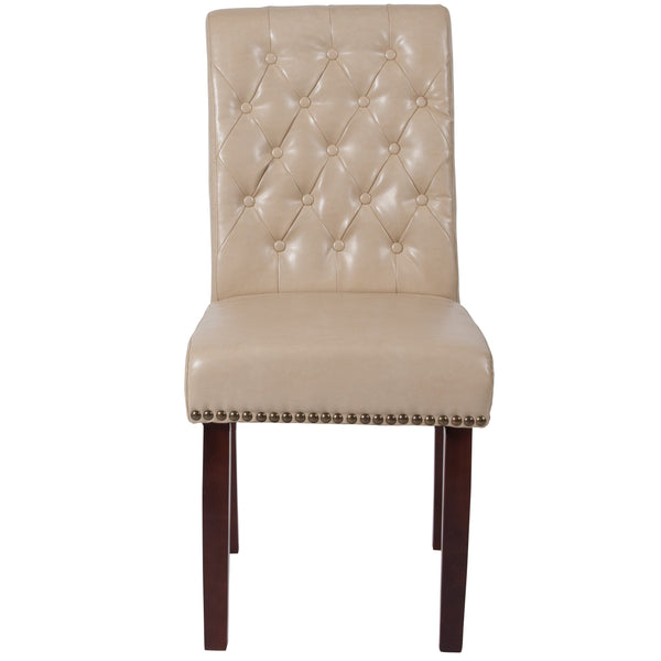 Beige LeatherSoft |#| Beige LeatherSoft Parsons Chair w/Rolled Back, Accent Nail Trim &Walnut Finish