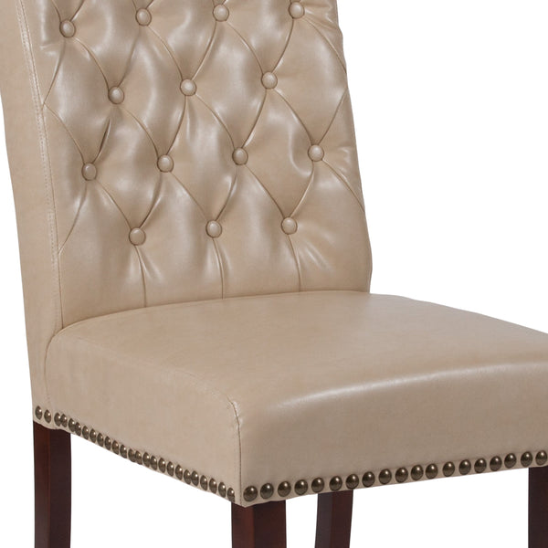 Beige LeatherSoft |#| Beige LeatherSoft Parsons Chair w/Rolled Back, Accent Nail Trim &Walnut Finish