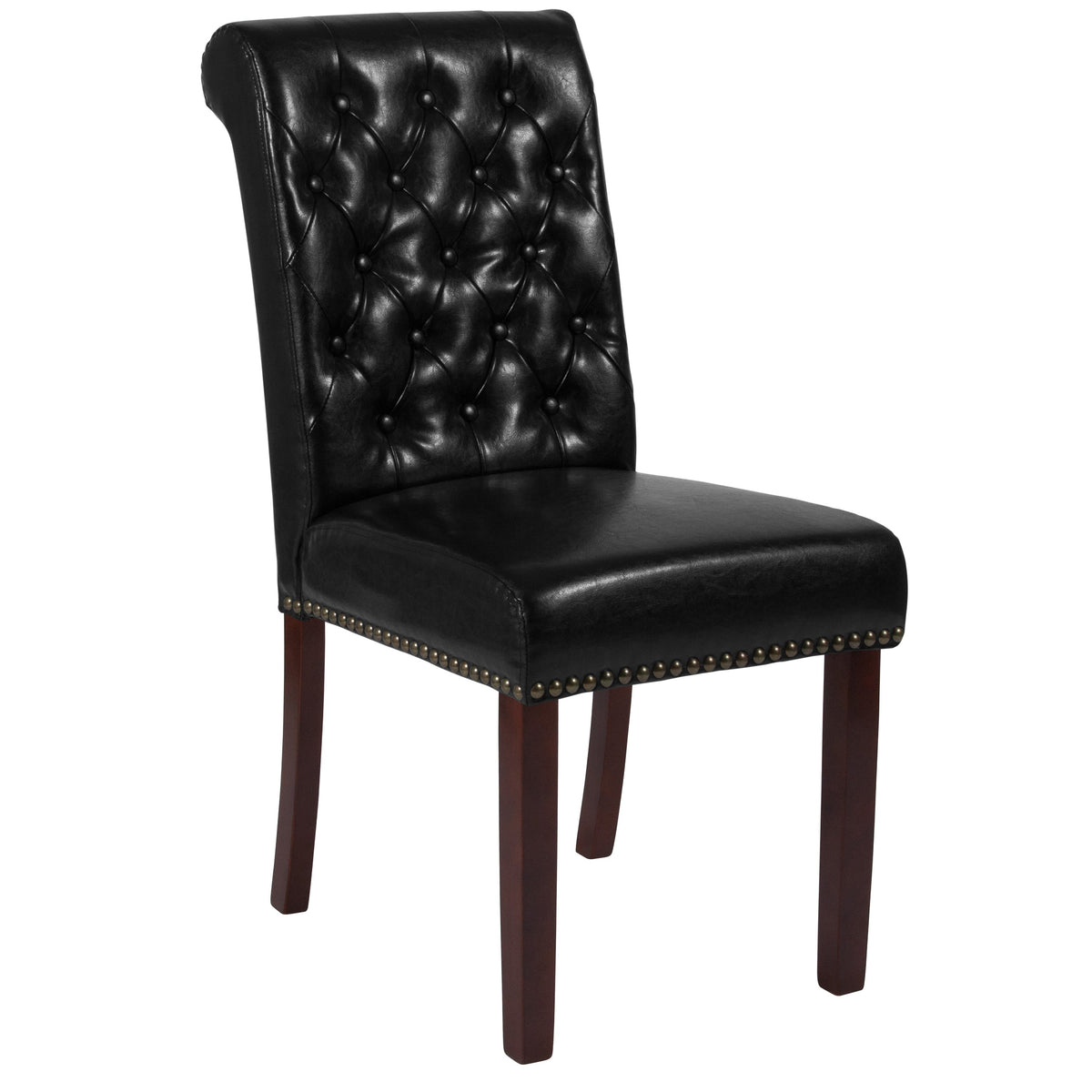 Black LeatherSoft |#| Black LeatherSoft Parsons Chair w/Rolled Back, Accent Nail Trim &Walnut Finish