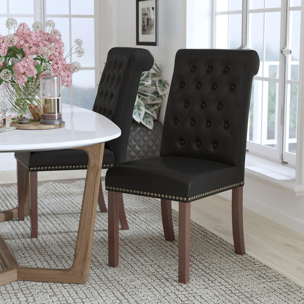 Black LeatherSoft |#| Black LeatherSoft Parsons Chair w/Rolled Back, Accent Nail Trim &Walnut Finish