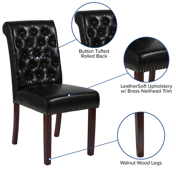 Black LeatherSoft |#| Black LeatherSoft Parsons Chair w/Rolled Back, Accent Nail Trim &Walnut Finish