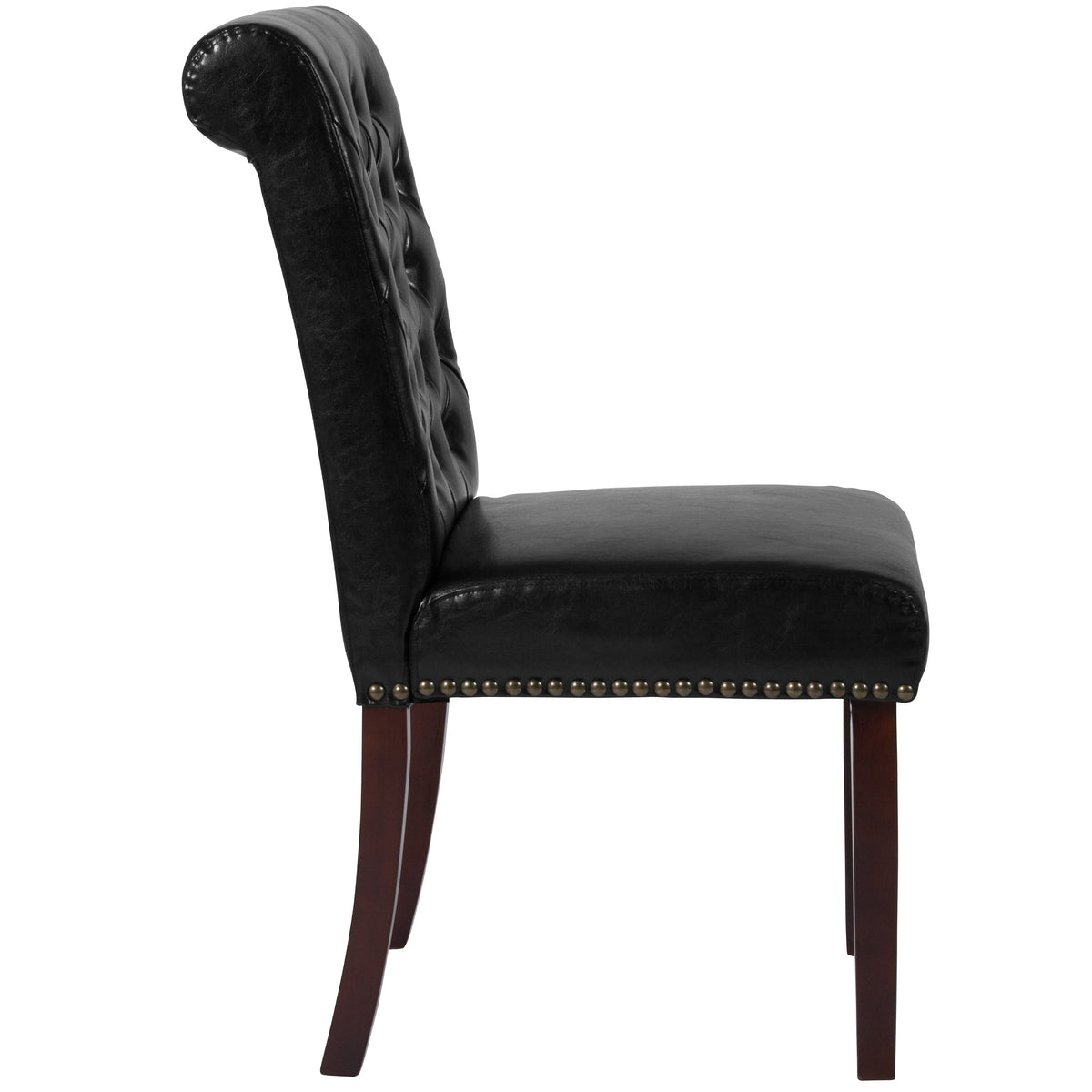 Black LeatherSoft |#| Black LeatherSoft Parsons Chair w/Rolled Back, Accent Nail Trim &Walnut Finish