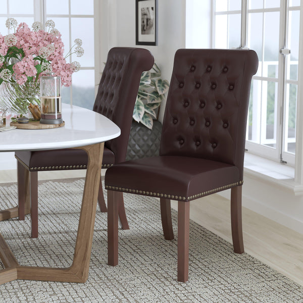 Brown LeatherSoft |#| Brown LeatherSoft Parsons Chair w/Rolled Back, Accent Nail Trim &Walnut Finish