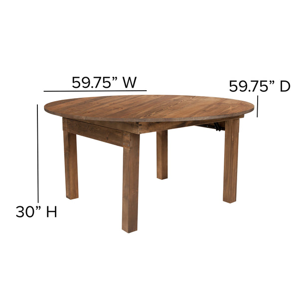60inch Round Antique Rustic Solid Pine Folding Farm Dining Table