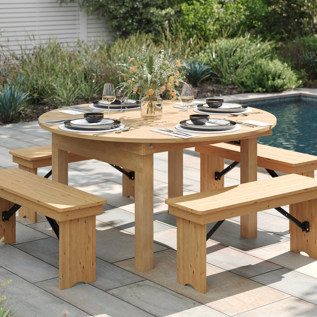 Light Natural |#| 60" Round Antique Rustic Solid Pine Farmhouse Folding Table in Light Natural