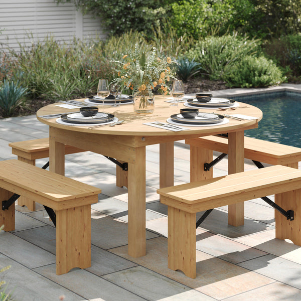 Light Natural |#| 60" Round Antique Rustic Solid Pine Farmhouse Folding Table in Light Natural