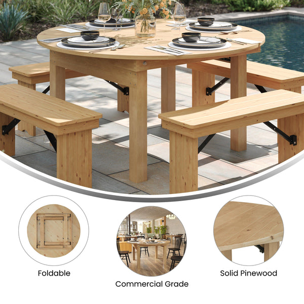 Light Natural |#| 60" Round Antique Rustic Solid Pine Farmhouse Folding Table in Light Natural
