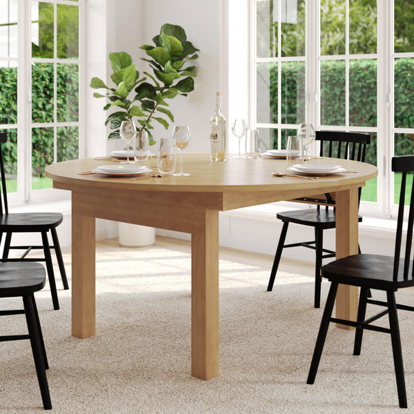 Light Natural |#| 60" Round Antique Rustic Solid Pine Farmhouse Folding Table in Light Natural