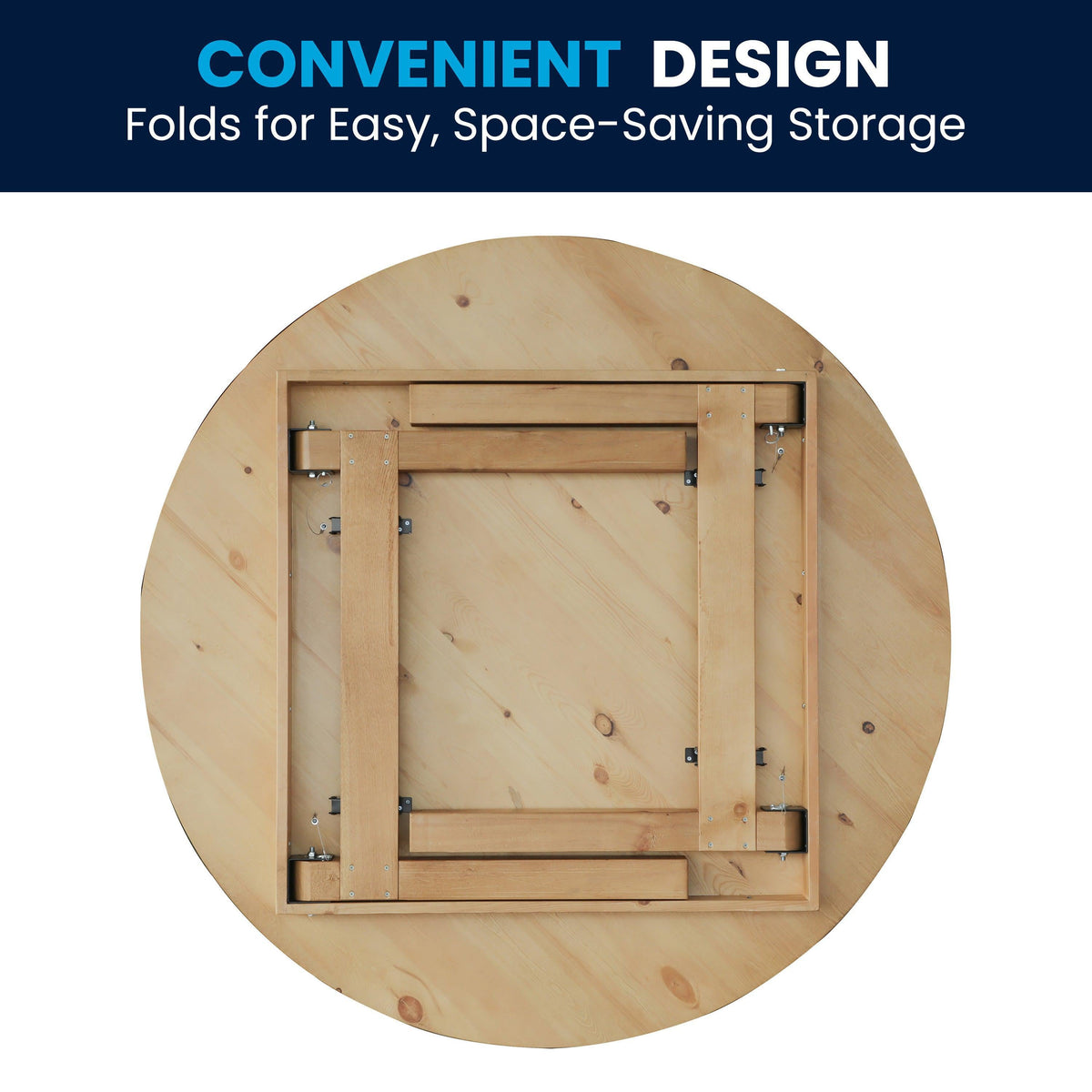 Light Natural |#| 60" Round Antique Rustic Solid Pine Farmhouse Folding Table in Light Natural