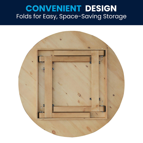 Light Natural |#| 60" Round Antique Rustic Solid Pine Farmhouse Folding Table in Light Natural