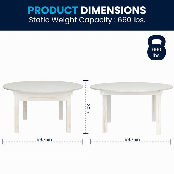 White |#| 60" Round Antique Rustic Solid Pine Farmhouse Folding Table in White