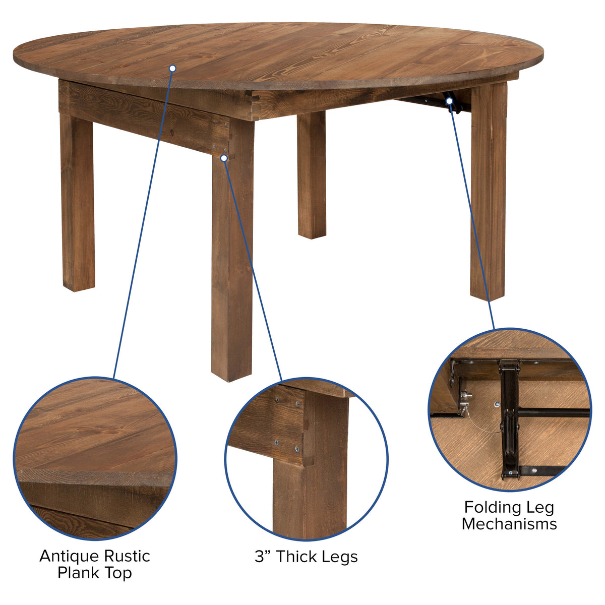Antique Rustic |#| 60" Round Antique Rustic Solid Pine Folding Farm Dining Table
