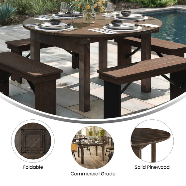 Mahogany |#| 60" Round Antique Rustic Solid Pine Farmhouse Folding Table in Mahogany