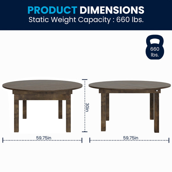 Mahogany |#| 60" Round Antique Rustic Solid Pine Farmhouse Folding Table in Mahogany