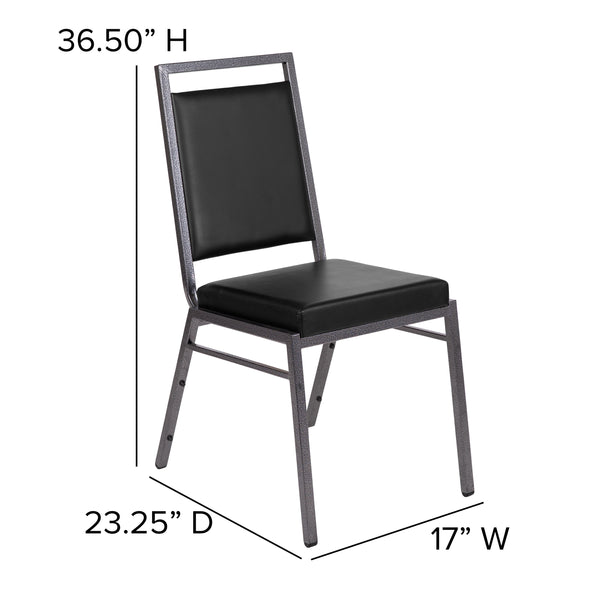 Black Vinyl/Silver Vein Frame |#| Square Back Banquet Stack Chair in Black Vinyl - Wedding Party Event Chair