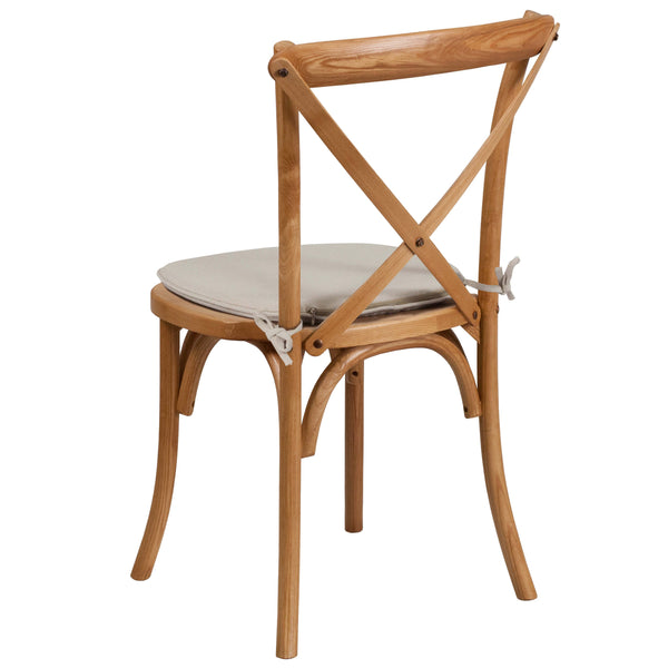 Oak |#| Stackable Oak Wood Cross Back Chair with Cushion - Dining Room Seating