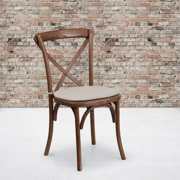 Pecan |#| Stackable Pecan Wood Cross Back Chair with Cushion - Dining Room Seating