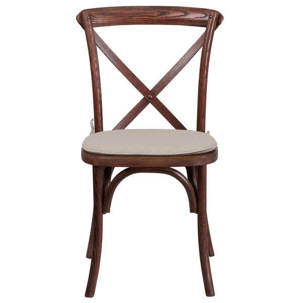 Oak |#| Stackable Oak Wood Cross Back Chair with Cushion - Dining Room Seating