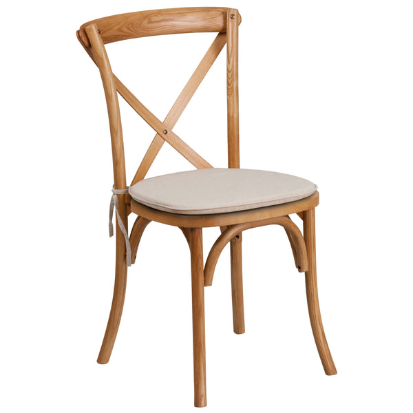 Oak |#| Stackable Oak Wood Cross Back Chair with Cushion - Dining Room Seating