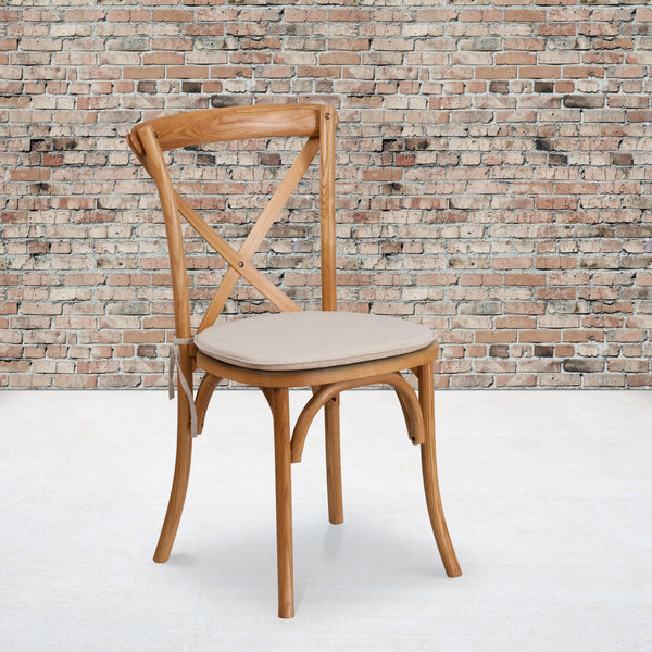 Oak |#| Stackable Oak Wood Cross Back Chair with Cushion - Dining Room Seating