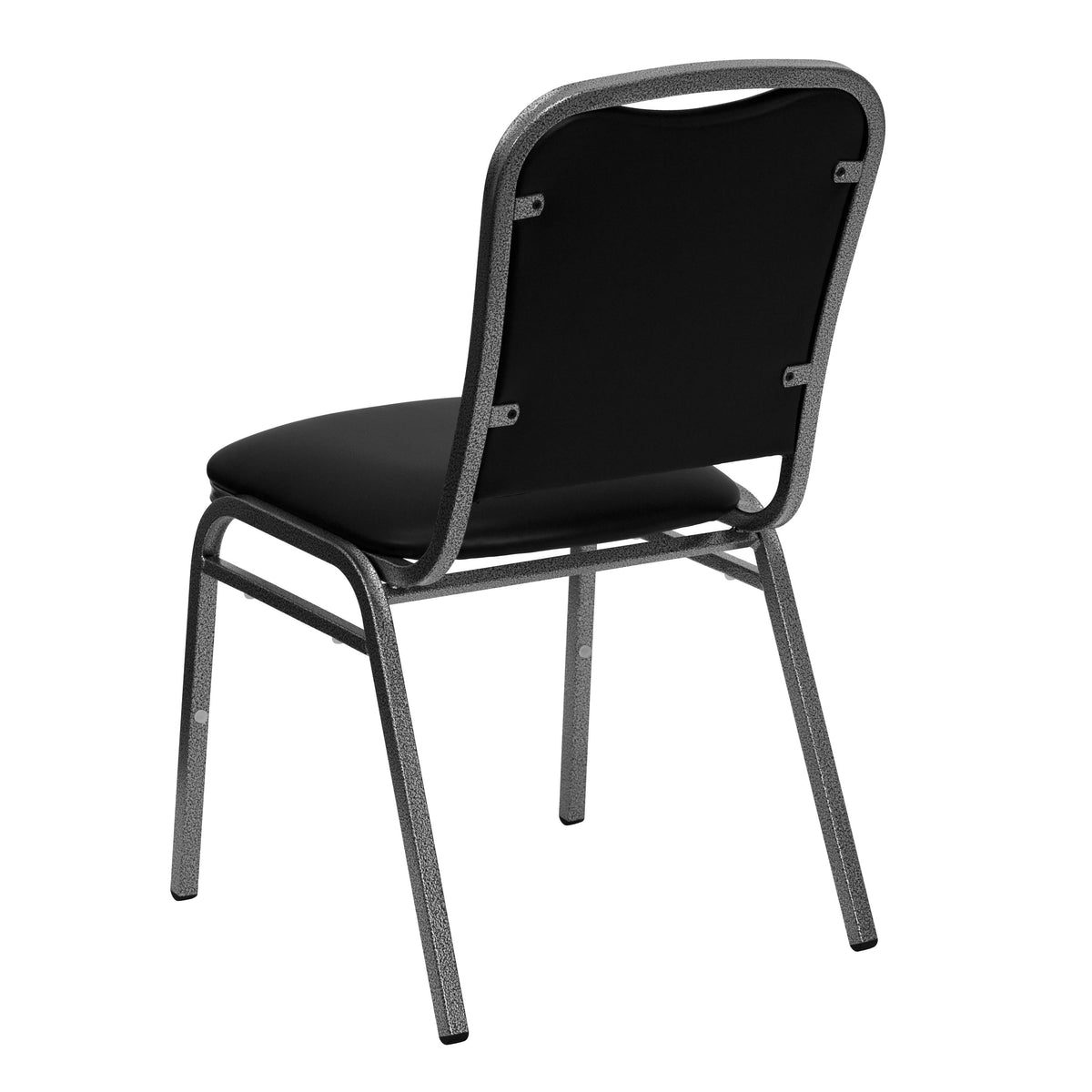 Angled Back Stacking Banquet Chair in Black Vinyl with Silver Vein Frame