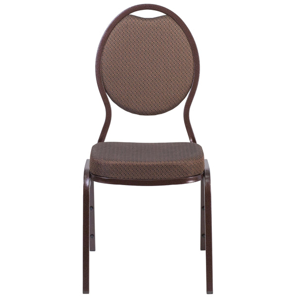 Brown Patterned Fabric/Copper Vein Frame |#| Teardrop Back Brown Patterned Fabric Stacking Banquet Chair - Copper Vein Frame