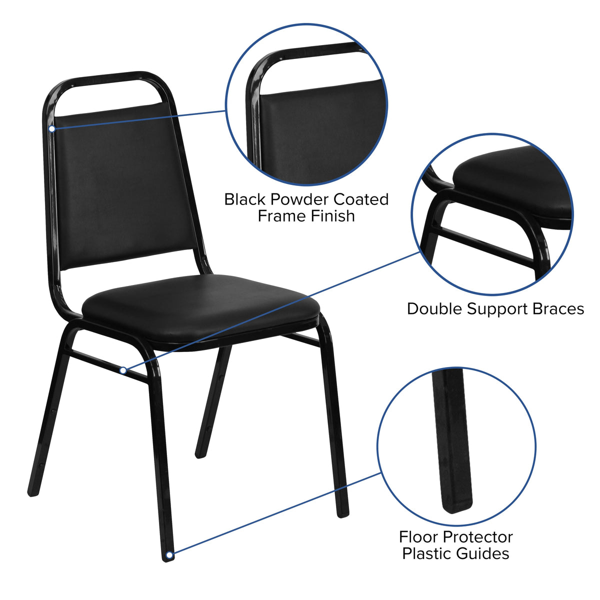 Black Vinyl/Black Frame |#| Trapezoidal Back Stacking Banquet Chair in Black Vinyl with 1.5inch Thick Seat