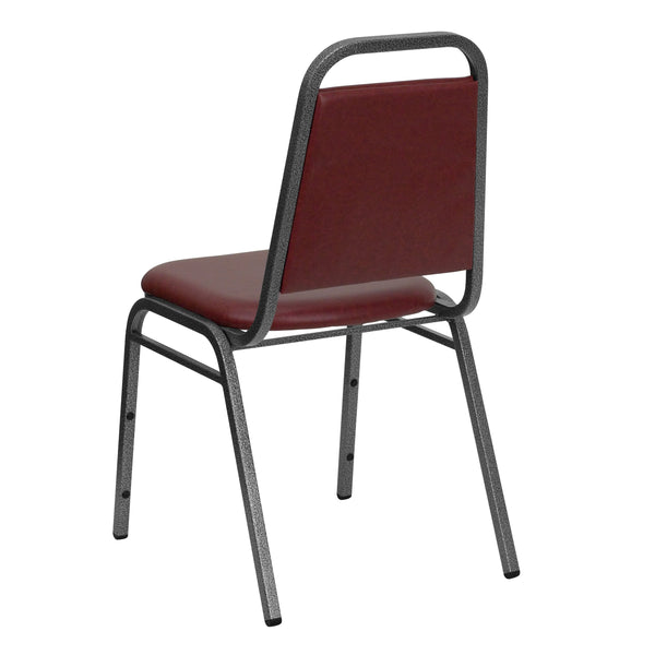 Burgundy Vinyl/Silver Vein Frame |#| Trapezoidal Back Stacking Banquet Chair in Burgundy Vinyl with 1.5inch Thick Seat