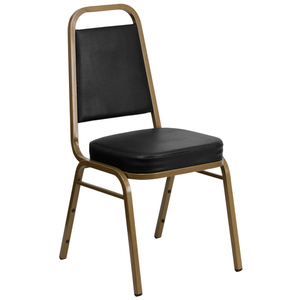 Black Vinyl/Gold Frame |#| Trapezoidal Back Stacking Banquet Chair in Black Vinyl - Gold Frame