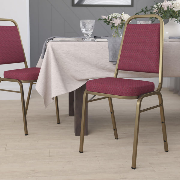 Burgundy Patterned Fabric/Gold Frame |#| Trapezoidal Back Stacking Banquet Chair in Burg Patterned Fabric - Gold Frame