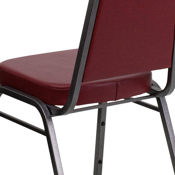 Burgundy Vinyl/Silver Vein Frame |#| Trapezoidal Back Stacking Banquet Chair in Burgundy Vinyl with 2.5inch Thick Seat