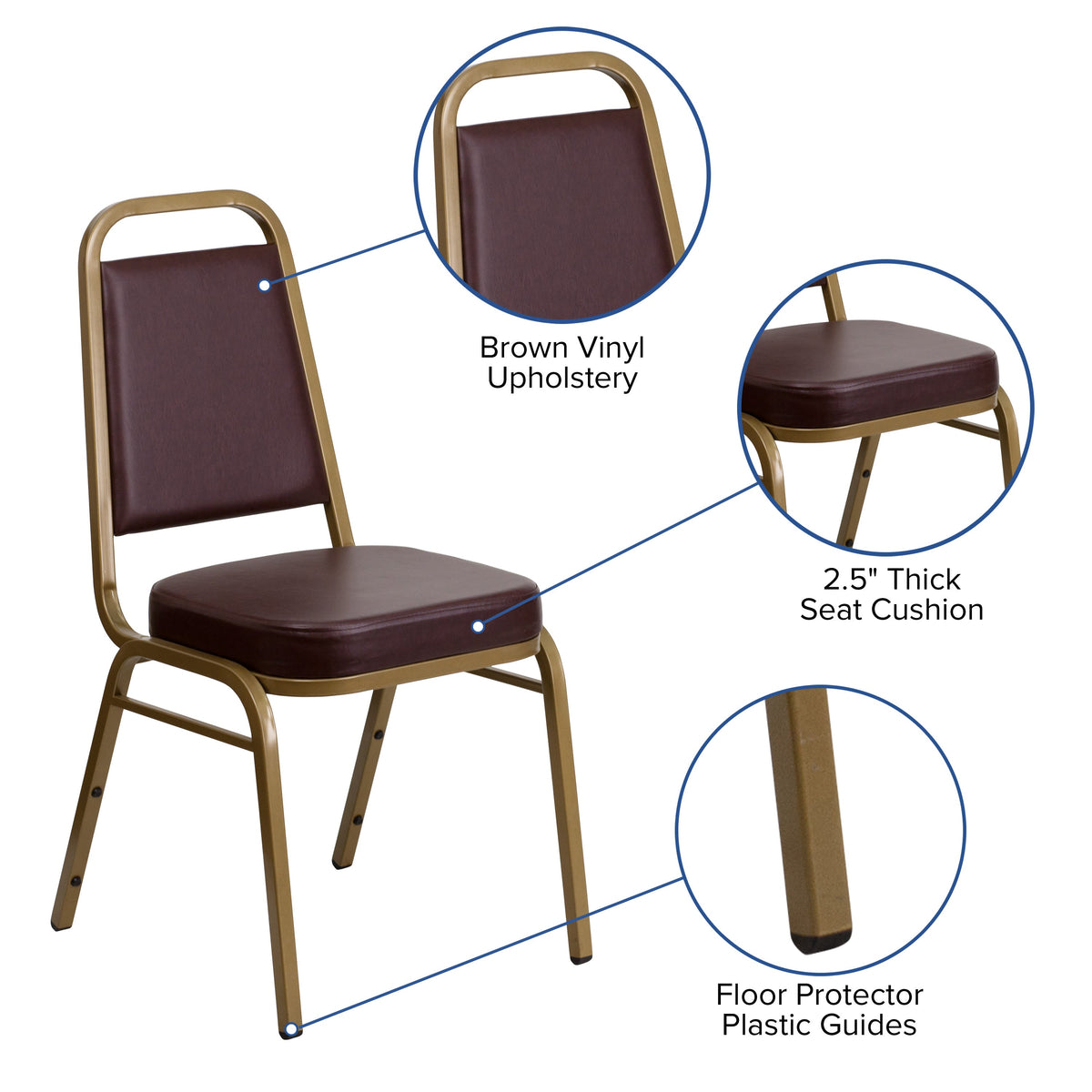 Brown Vinyl/Gold Frame |#| Trapezoidal Back Stacking Banquet Chair in Brown Vinyl - Gold Frame