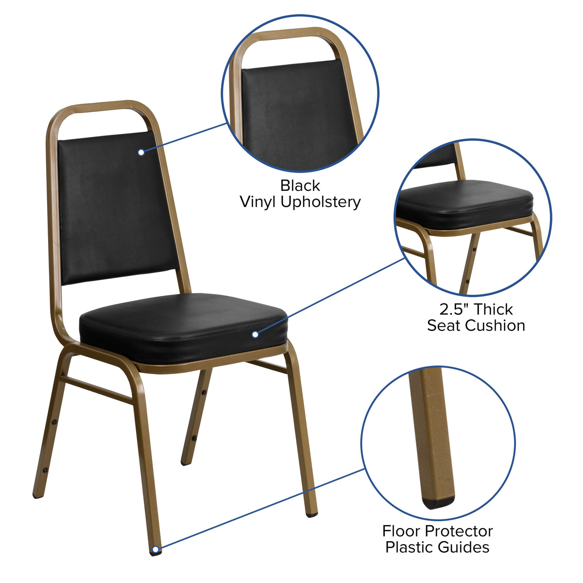 Black Vinyl/Gold Frame |#| Trapezoidal Back Stacking Banquet Chair in Black Vinyl - Gold Frame