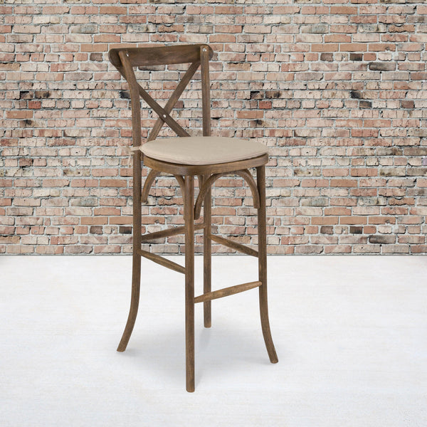 350lb. Rated Dark Antique Wood Cross Back Stackable Barstool with Cushion