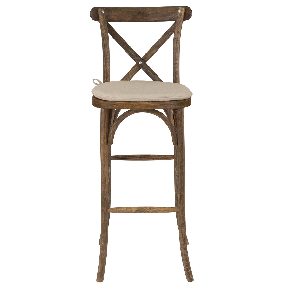 350lb. Rated Dark Antique Wood Cross Back Stackable Barstool with Cushion