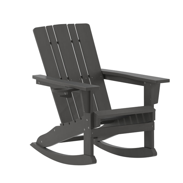 Gray |#| Commercial All-Weather Rocking Adirondack Chair with Swiveling Cupholder - Gray