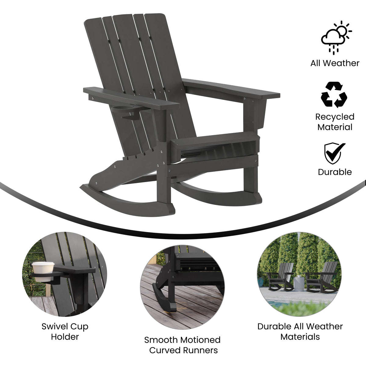 Gray |#| Commercial All-Weather Rocking Adirondack Chair with Swiveling Cupholder - Gray