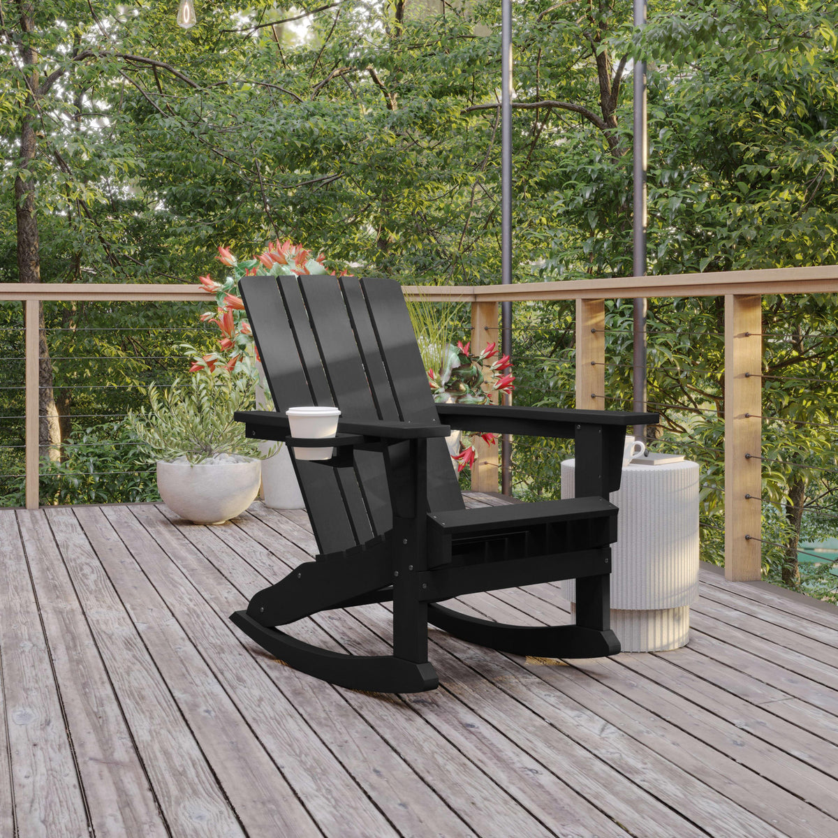 Black |#| Commercial All-Weather Rocking Adirondack Chair with Swiveling Cupholder - Black