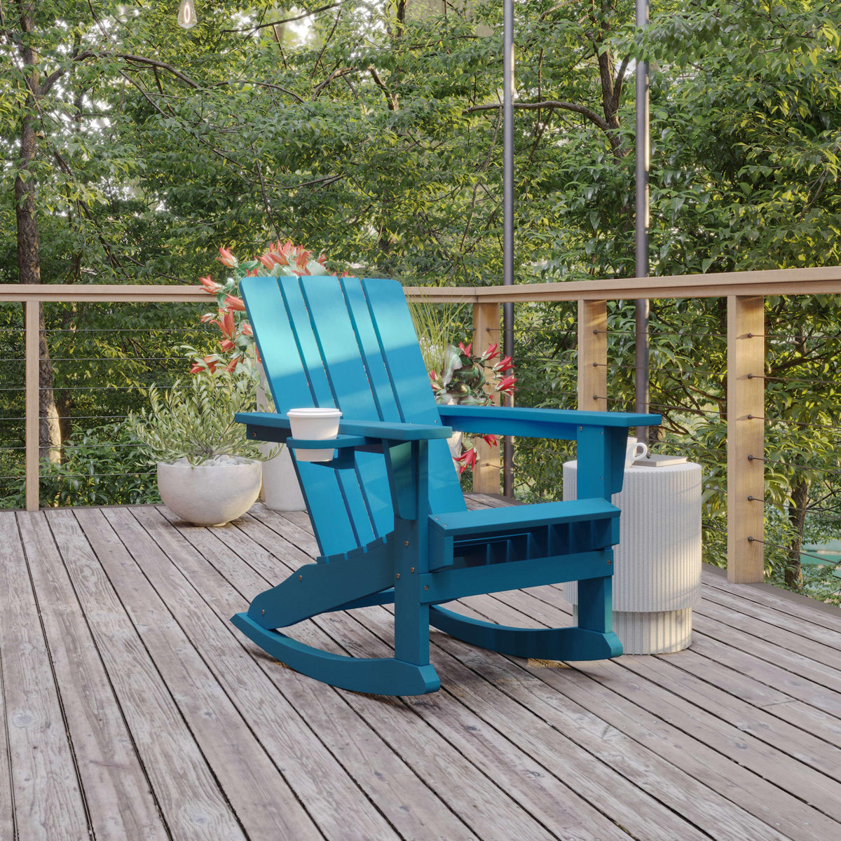 Blue |#| Commercial All-Weather Rocking Adirondack Chair with Swiveling Cupholder - Blue