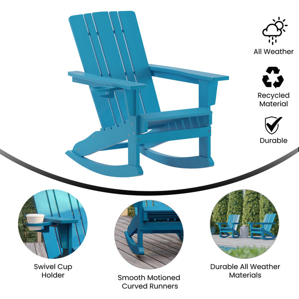 Blue |#| Commercial All-Weather Rocking Adirondack Chair with Swiveling Cupholder - Blue