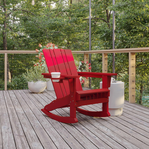 Red |#| Commercial All-Weather Rocking Adirondack Chair with Swiveling Cupholder - Red