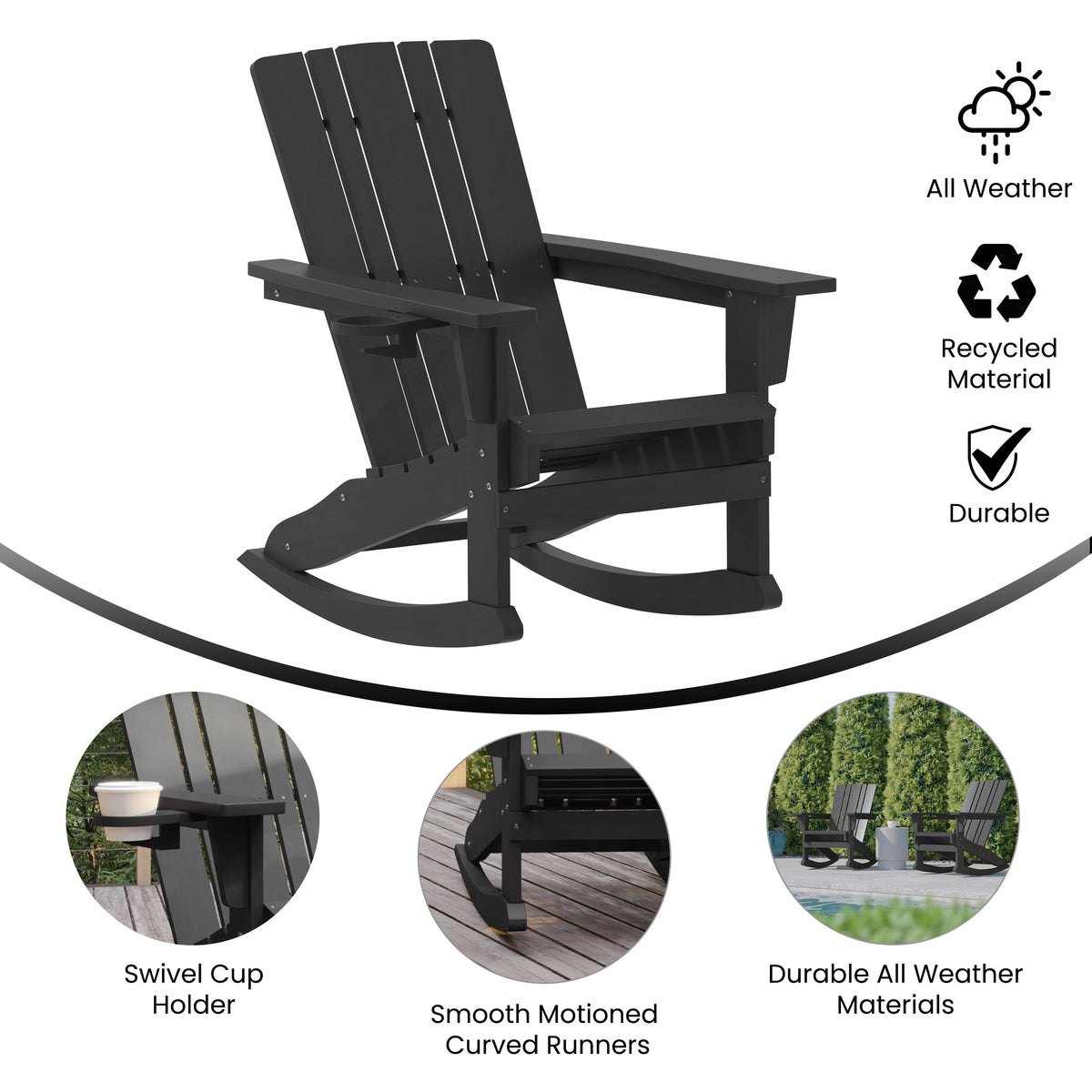 Black |#| Commercial All-Weather Rocking Adirondack Chair with Swiveling Cupholder - Black