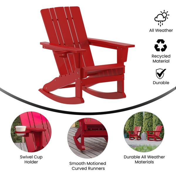 Red |#| Commercial All-Weather Rocking Adirondack Chair with Swiveling Cupholder - Red