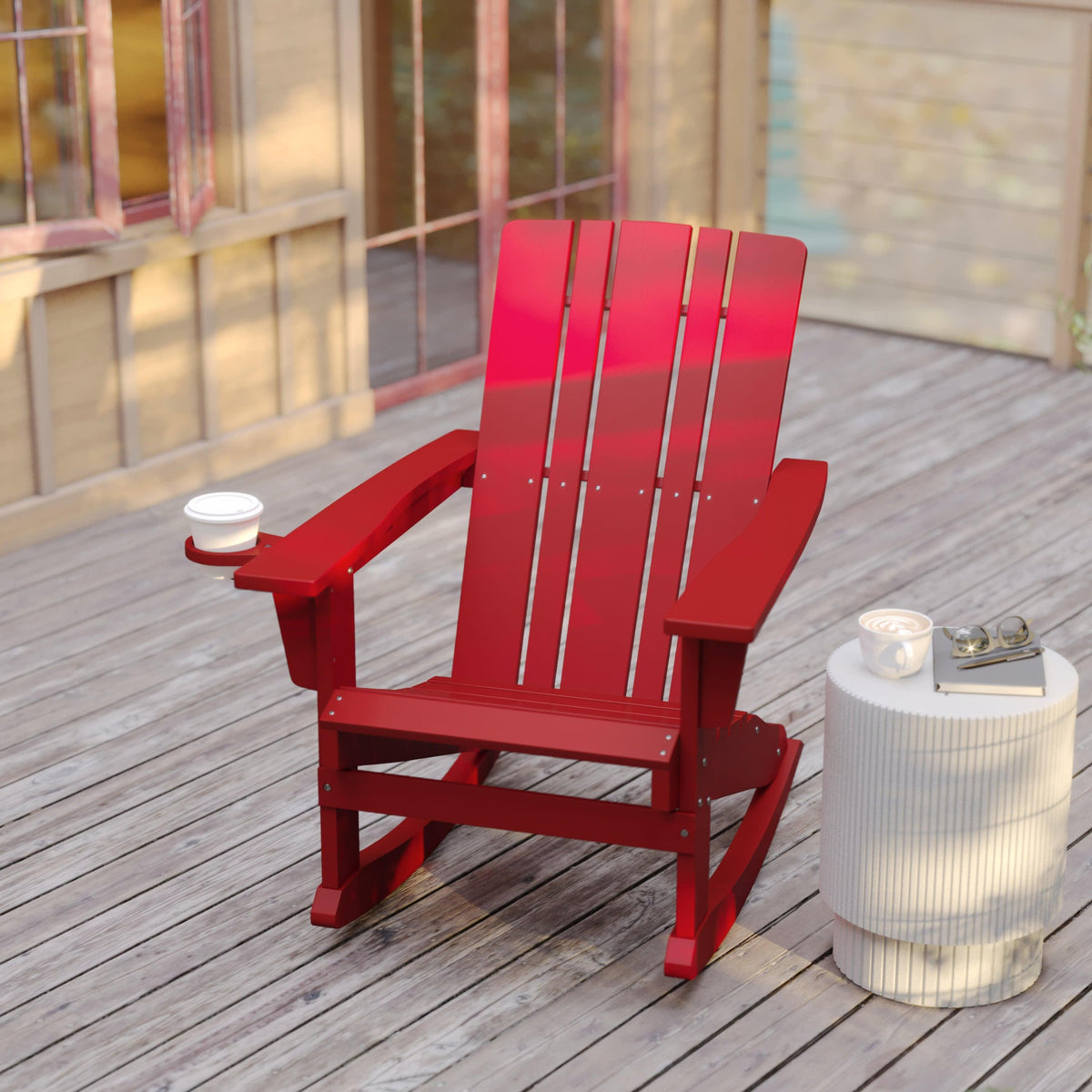 Red |#| Commercial All-Weather Rocking Adirondack Chair with Swiveling Cupholder - Red