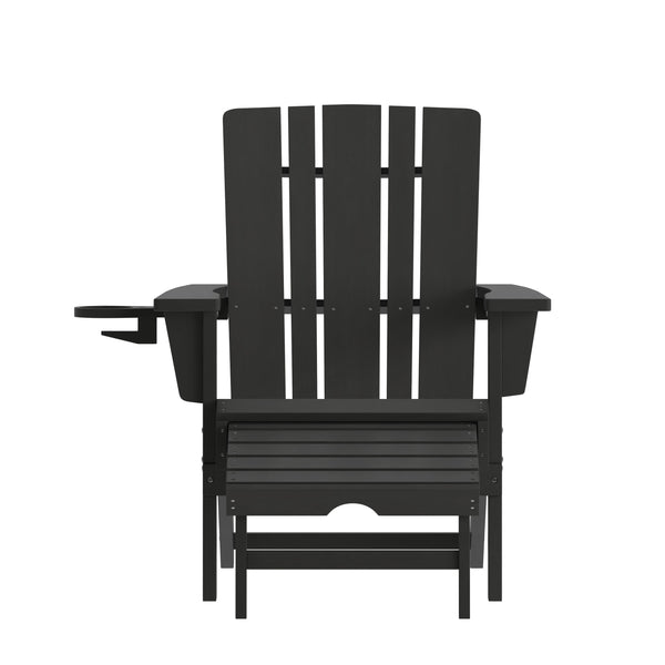Black |#| Commercial All-Weather Adirondack Chair with Pullout Ottoman & Cupholder - Black