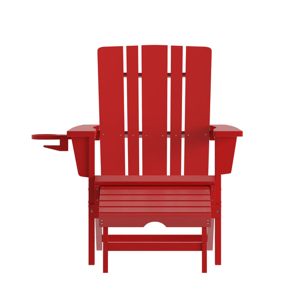 Red |#| Commercial All-Weather Adirondack Chair with Pullout Ottoman & Cupholder - Red